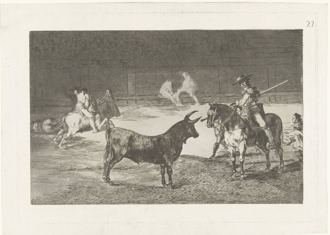 Fernando del Toro daagt een stier uit O famoso Fernando del Toro, barilaguero, forçando a fera com sua vara Tourada (título da série) Stierenvechten (título da série) de Francisco de Goya