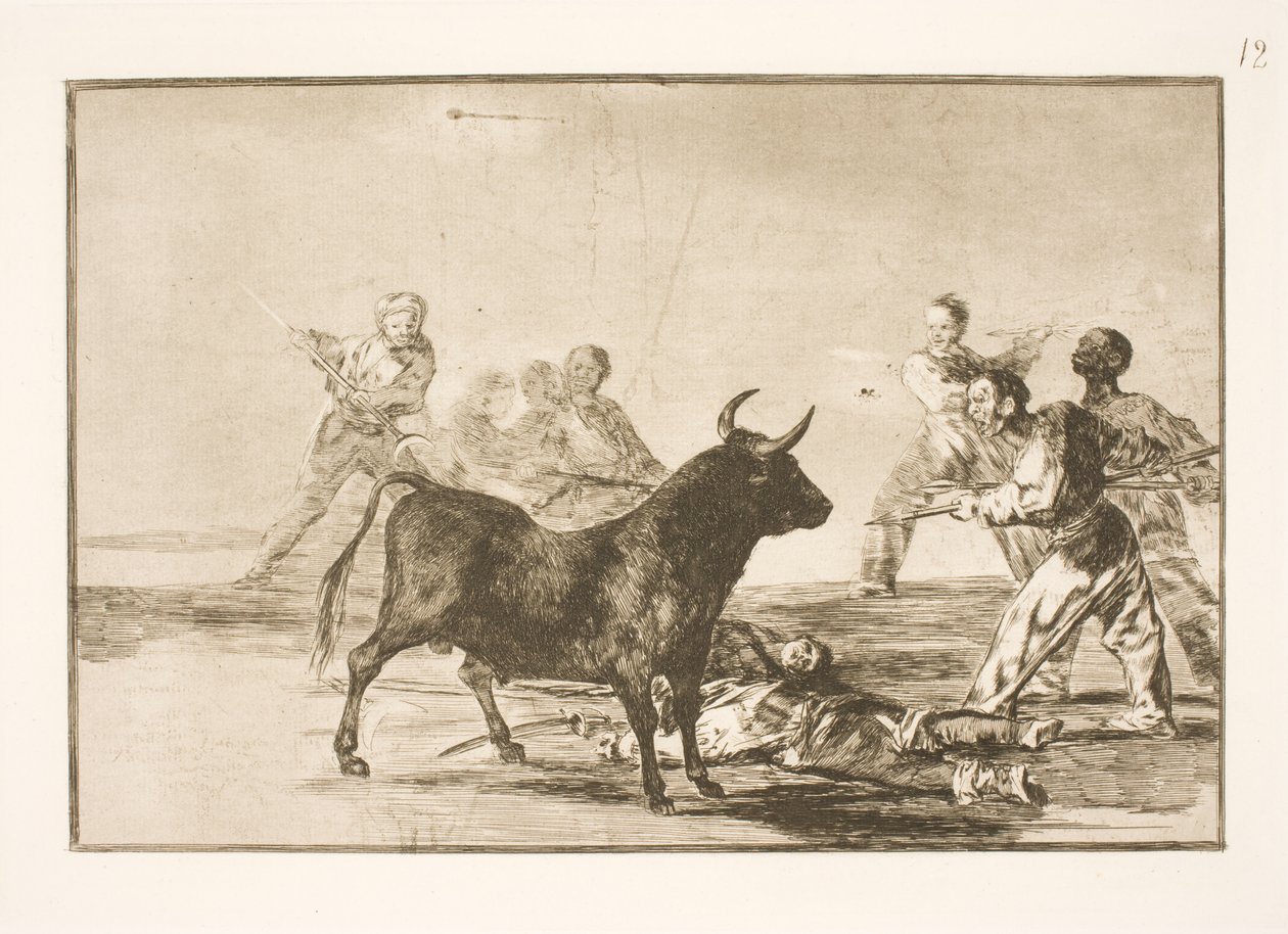 As pessoas apunhalam o touro com lanças, foices, banderillas e outras armas de Francisco de Goya