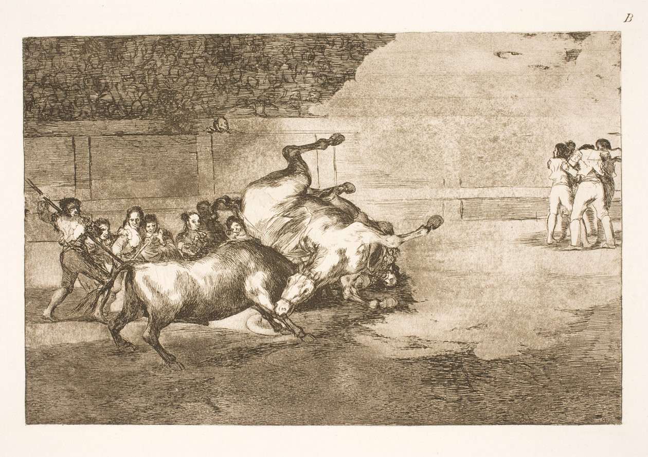 Cavalo jogado no chão por um touro de Francisco de Goya