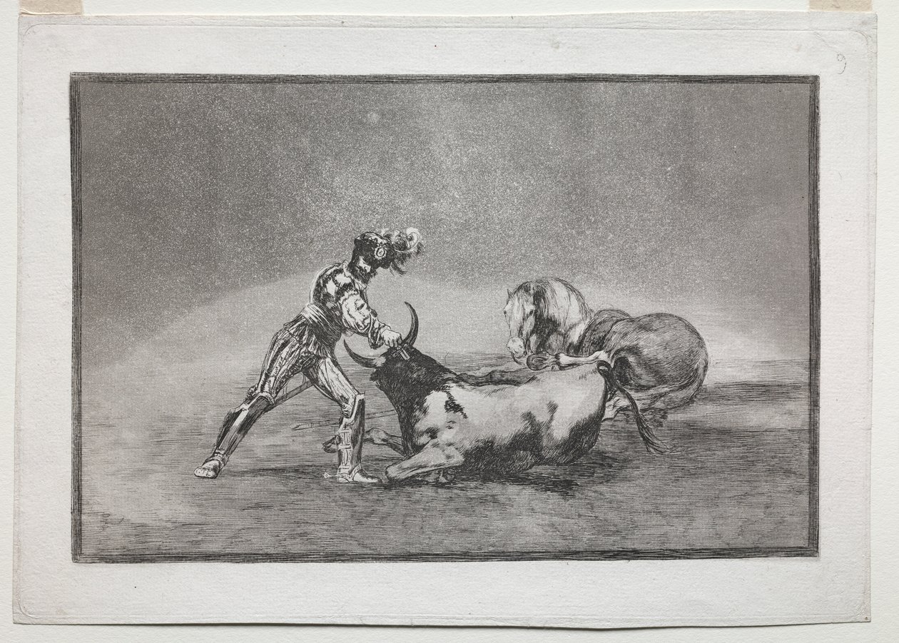 La Tauromaquia: Um cavaleiro espanhol mata o touro depois de ter perdido seu cavalo de Francisco de Goya