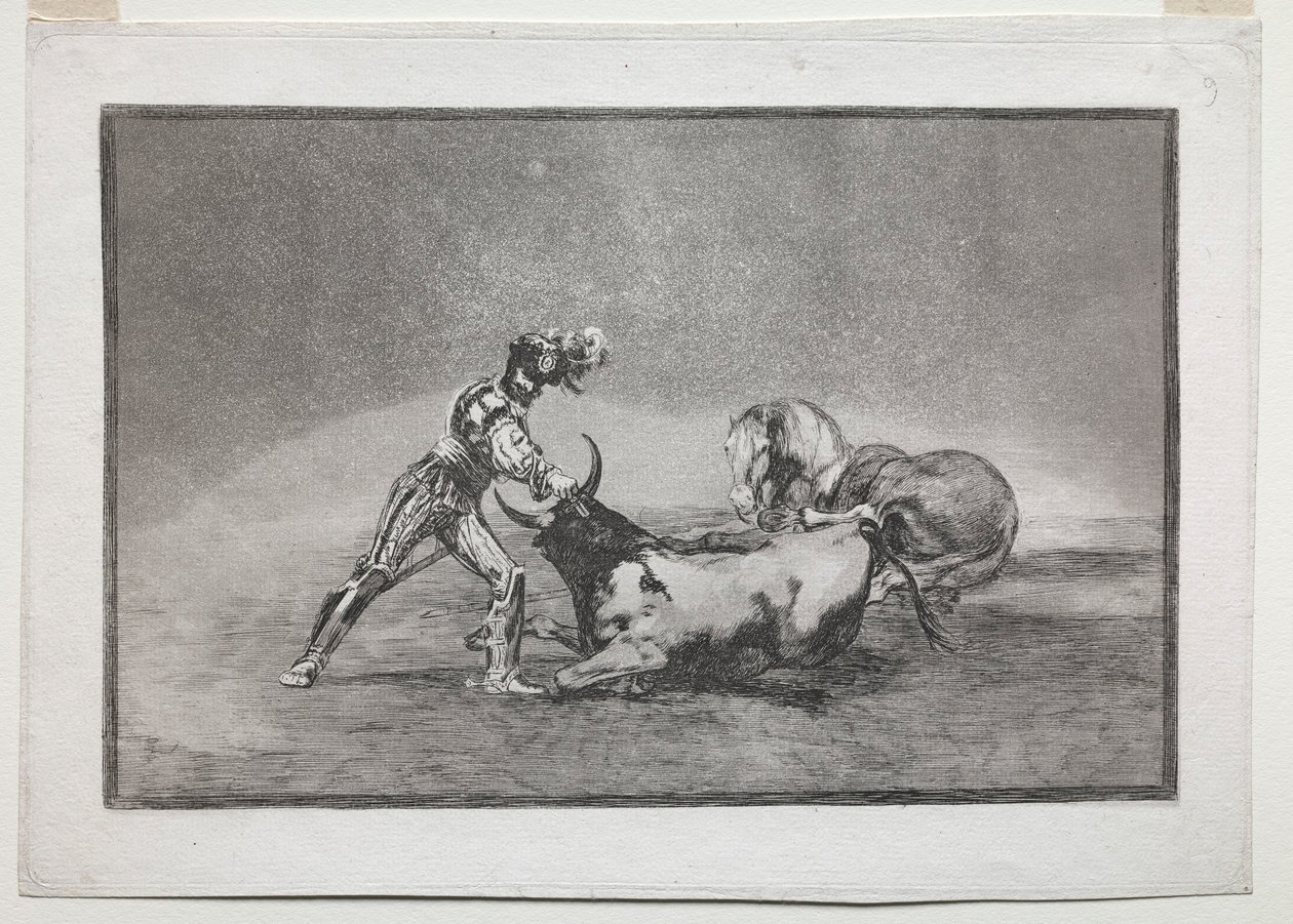 La Tauramaquia: Um cavaleiro espanhol mata o touro depois de ter perdido seu cavalo, 1815-1816. de Francisco de Goya