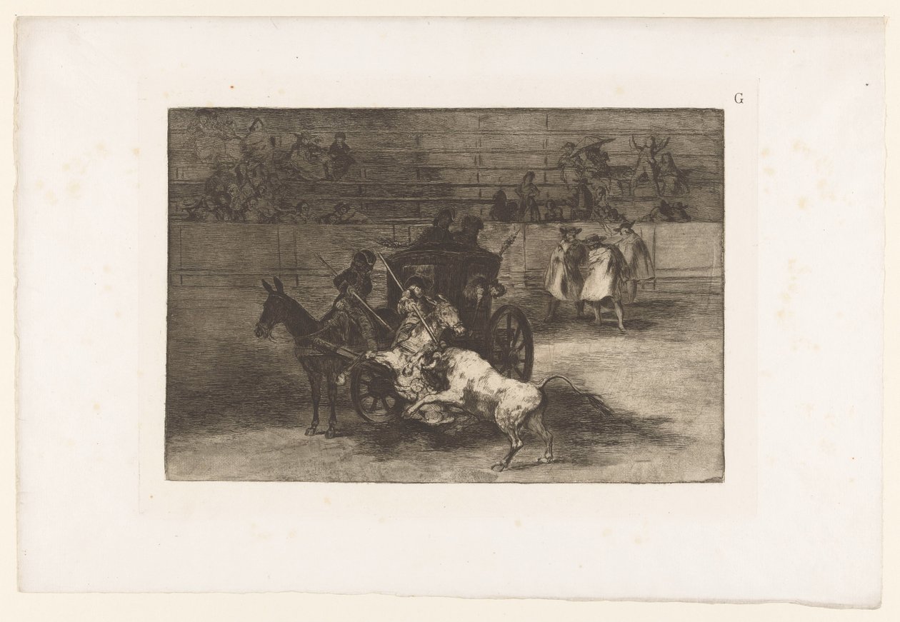 Homens atacam um touro de uma carruagem
Combat dans une voiture attelée de deux mulets
Tourada (título da série)
La Taureaumachie (título da série)
La Tauromaquia (título da série) de Francisco de Goya