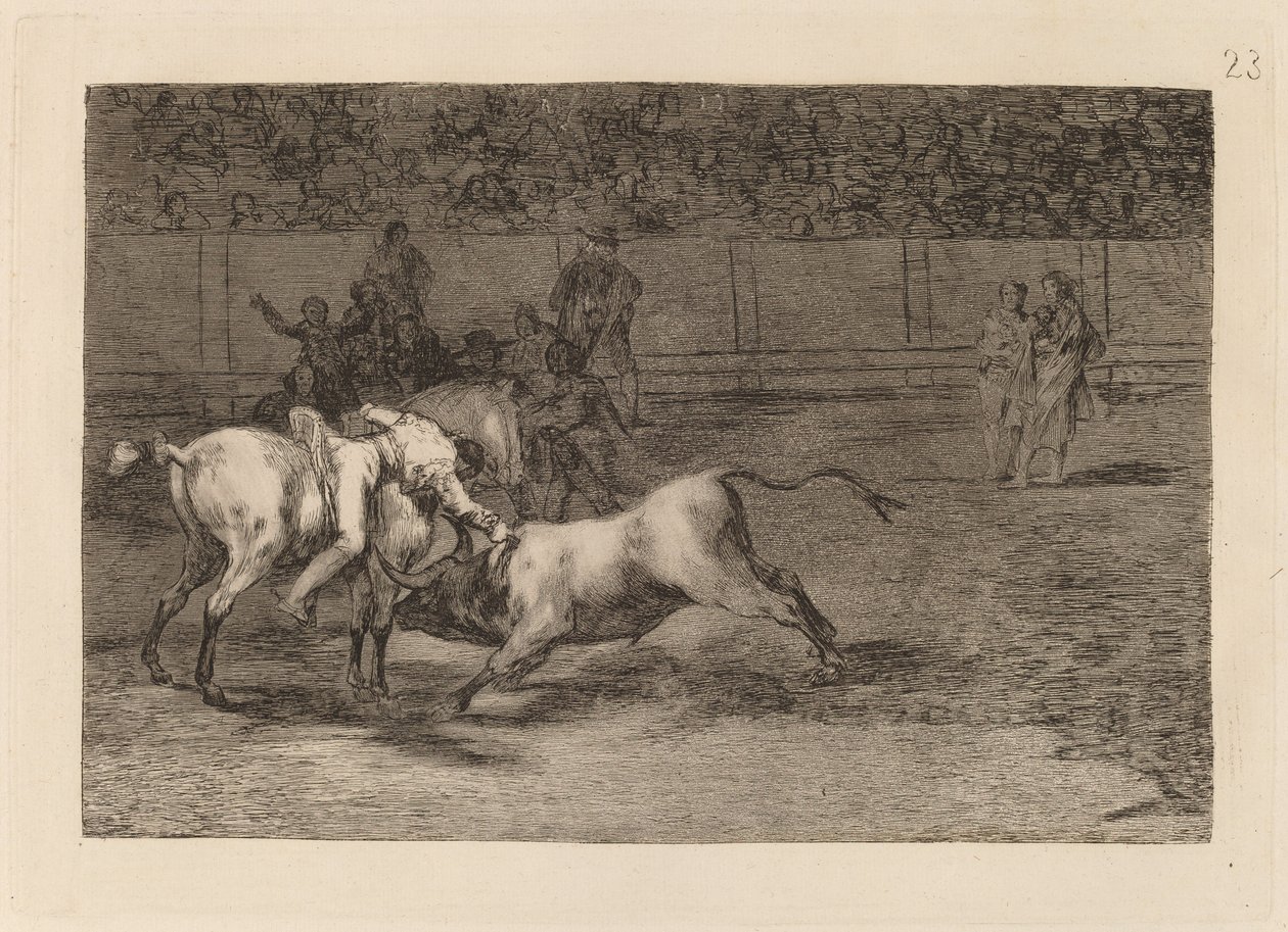 Mariano Ceballos, aliás o índio, mata o touro de seu cavalo (Mariano Ceballos, aliás o índio, mata o touro de seu cavalo) de Francisco de Goya