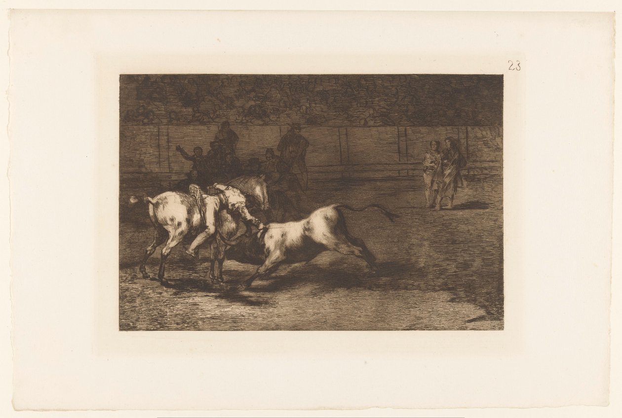 Mariano Ceballos doodt een stier Mariano Ceballos, aliás El Indio, mata o touro de seu cavalo Stierengevechten (título da série) La Taureamachie (título da série) Tourada (título da série) de Francisco de Goya