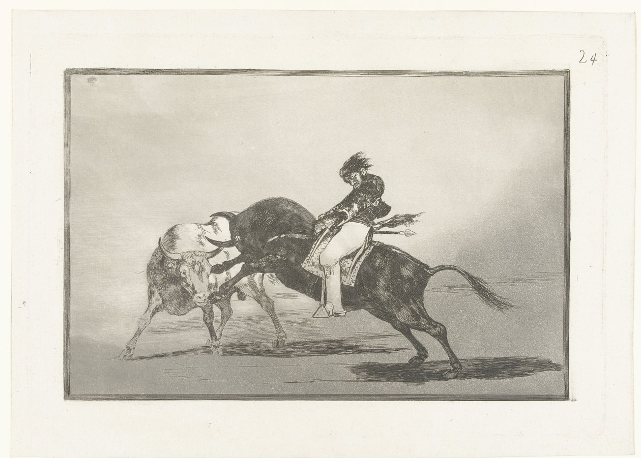 Mariano Ceballos rijdend op een stier O mesmo Ceballos montado em outro touro quebra rejones na praça de Madri Tourada (título da série) Stierenvechten (título da série) de Francisco de Goya