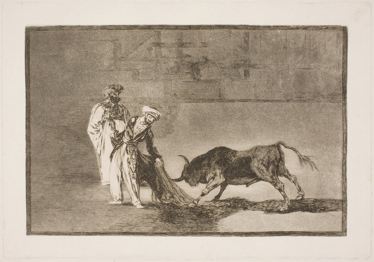 Os mouros na arena fazem um grande esforço para atrair o touro com a ajuda de seus burnus de Francisco de Goya