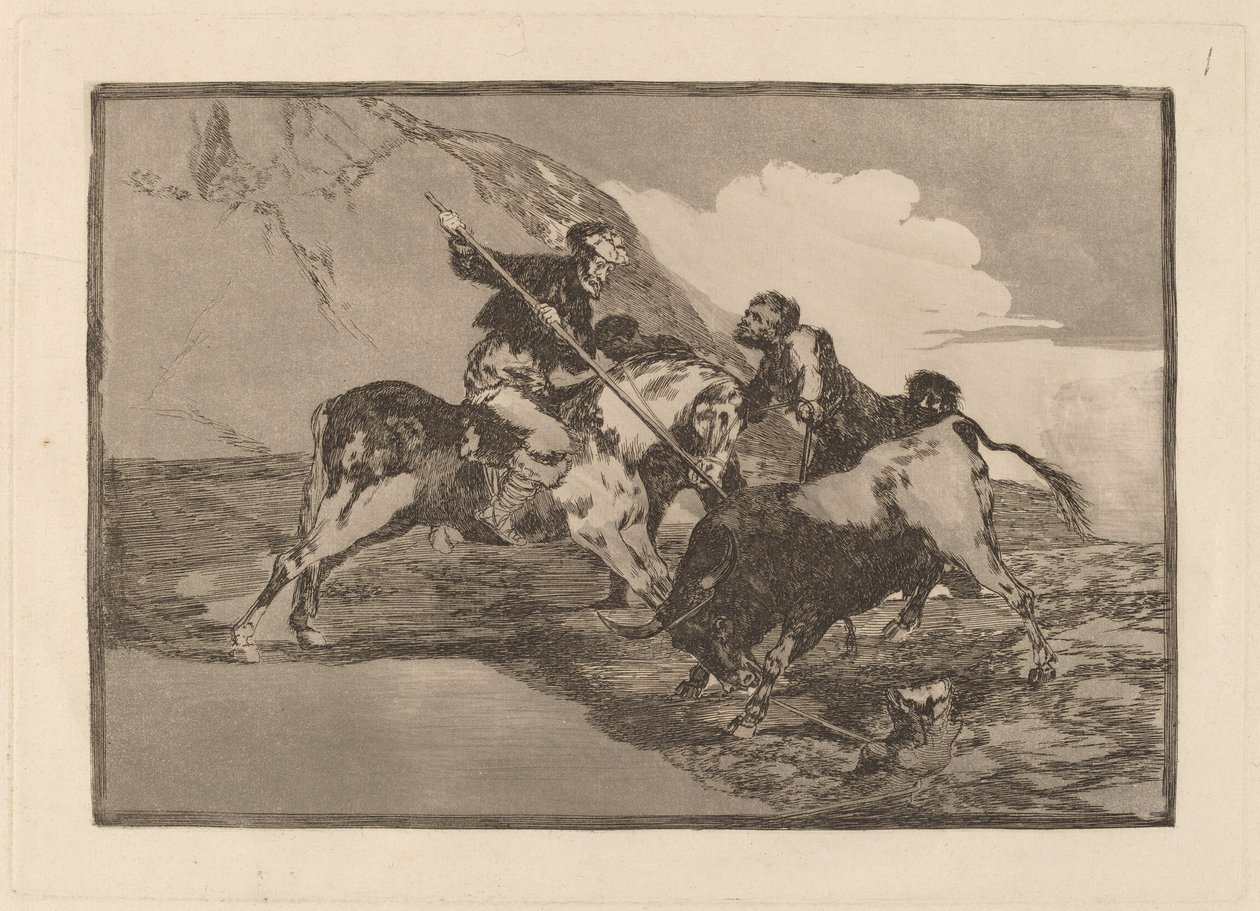 Maneira em que os antigos espanhóis caçavam touros a cavalo no campo (A maneira em que os antigos espanhóis caçavam touros a cavalo no campo aberto) de Francisco de Goya