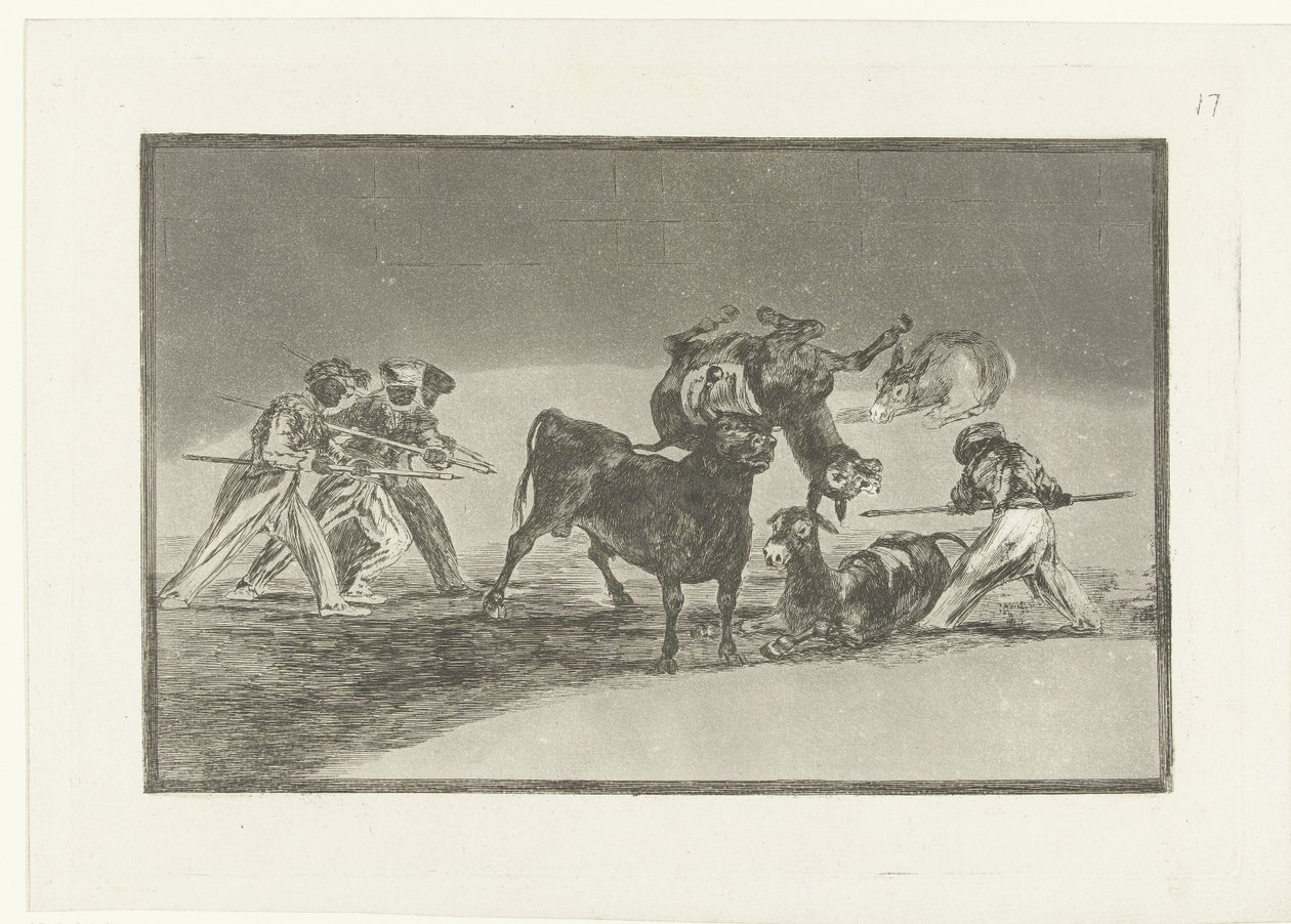 Mouros e burros a lutar contra um touro
Palenque de los Moros hecho con burros para defenderse del toro embolado
La Tauromaquia (título da série)
Tourada (título da série) de Francisco de Goya