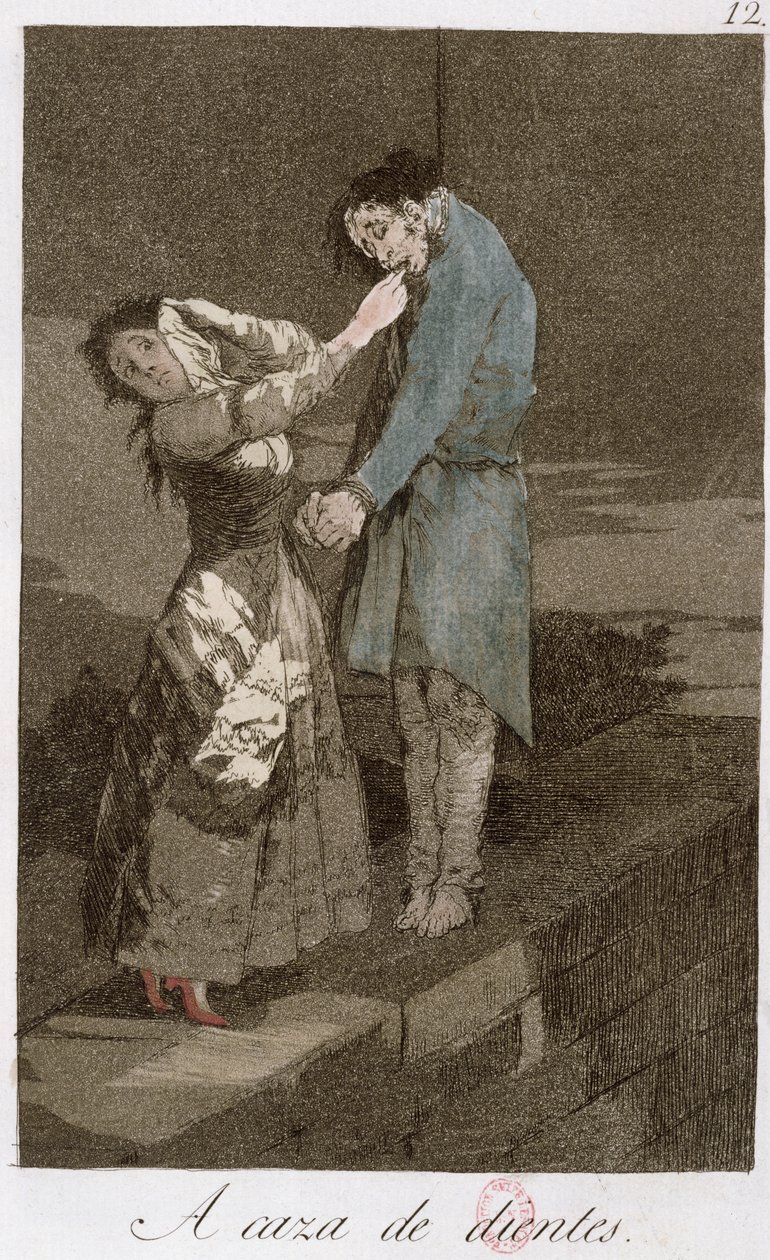 A caça de dentes, placa 12 de &39;Los caprichos&39;, final do século XVIII (gravura colorida) (ver também 81631) de Francisco de Goya