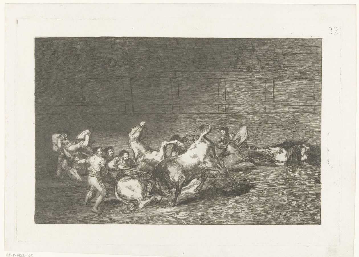 Picador steekt een lans in een stier
Dois grupos de picadores atropelados por um único touro ao mesmo tempo
Tourada (título da série)
Stierenvechten (título da série) de Francisco de Goya