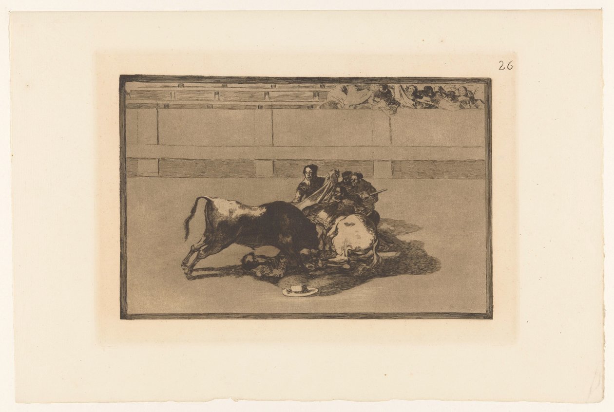 Picador caiu do cavalo Caida de un picador de su caballo debajo del toro Touradas (título da série) La Taureaumachie (título da série) La Tauromaquia (título da série) de Francisco de Goya