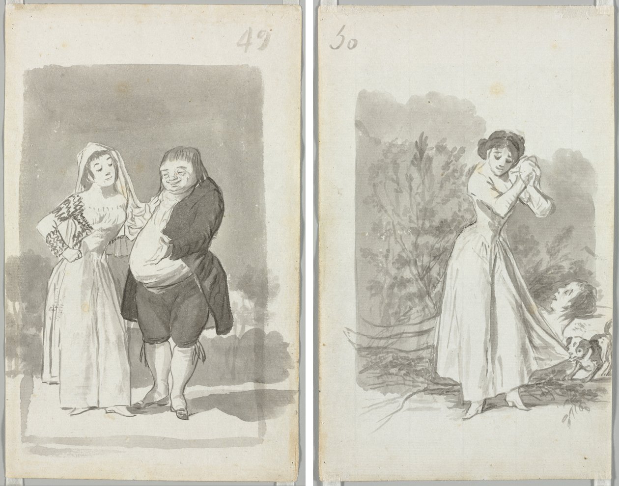 Prostituta Solicitando um Homem Gordo e Feio (reto); Jovem torcendo as mãos sobre o corpo nu de um homem (verso) de Francisco de Goya