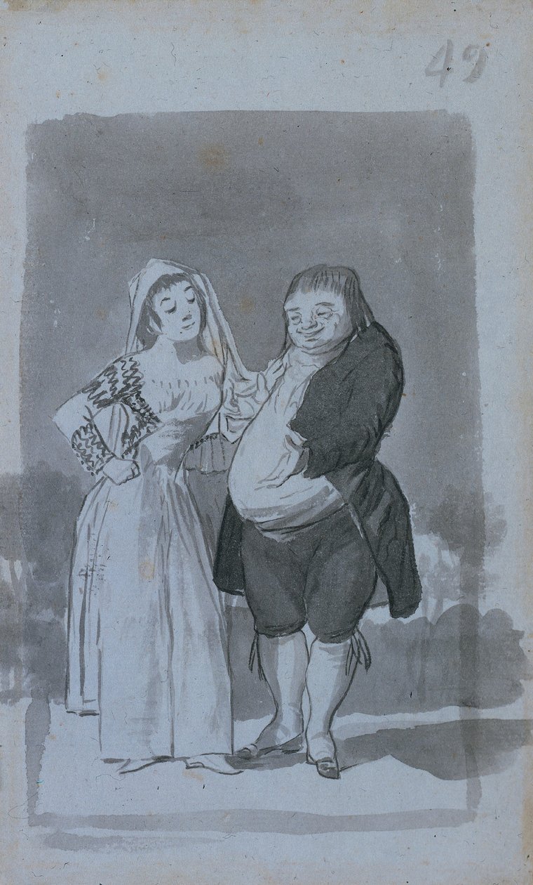 Prostituta solicitando um homem gordo e feio reto, 1796-97. de Francisco de Goya