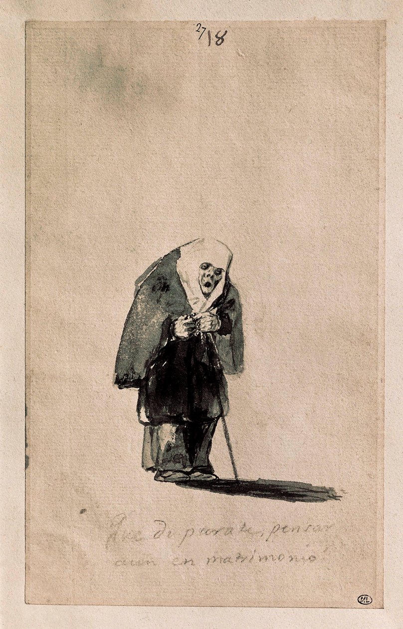 Que disparate, pensar aun en matrimonio (Que disparate, ainda pensar em casamento), c. 1819-23 (Pincel, tinta indígena, desenho preliminar com pedra preta, sobre papel branco deitado) de Francisco de Goya