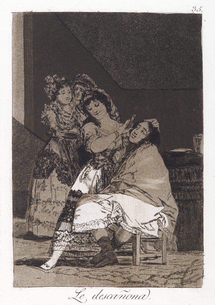 Ela Fleeces Ele (Le descanona), placa 35 de Los Caprichos, c.1797-98 (gravura e aquatint no papel) de Francisco de Goya