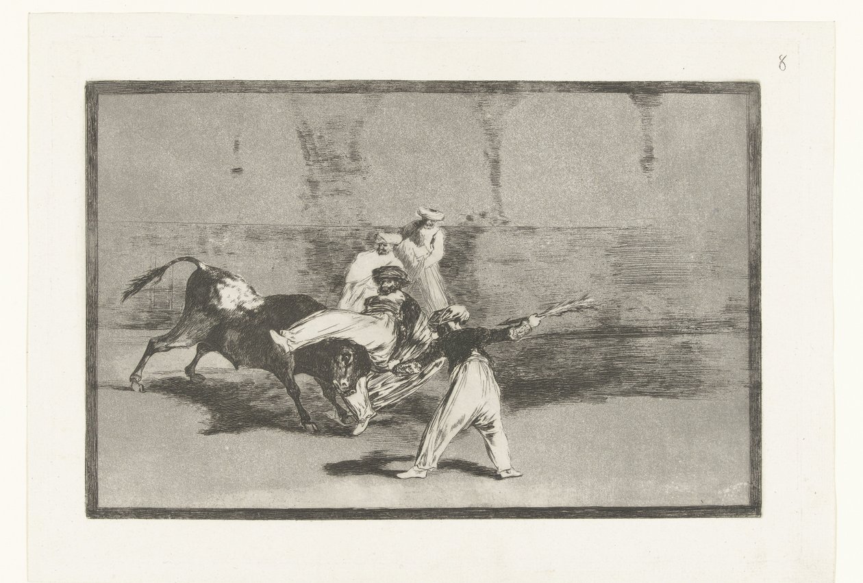 Touro é agarrado por toureiros Cogida de un Moro permanecer em la plaza Tourada (título da série) La Tauromaquia (título da série) de Francisco de Goya