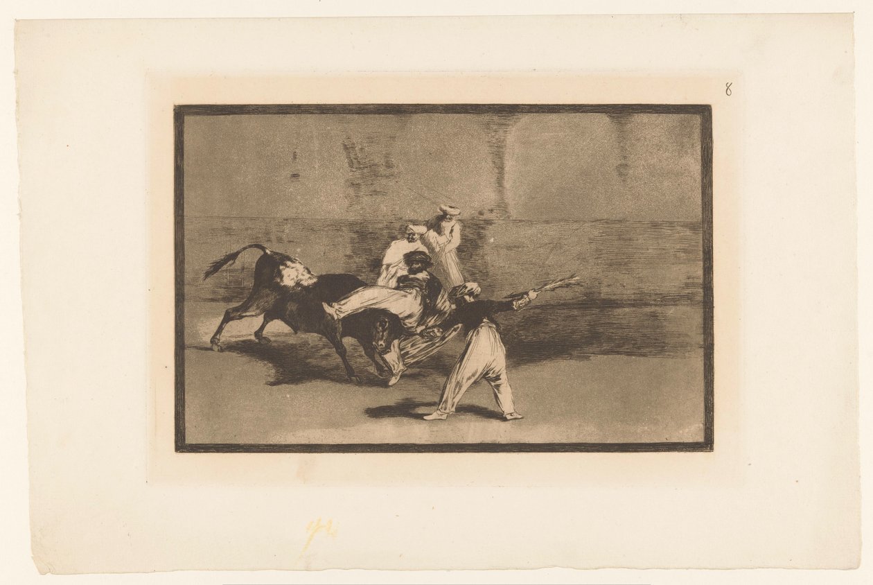 O touro é agarrado por toureiros
Cogida de un Moro estando en la plaza
Tourada (título da série)
La Taureaumachie (título da série)
La Tauromaquia (título da série) de Francisco de Goya
