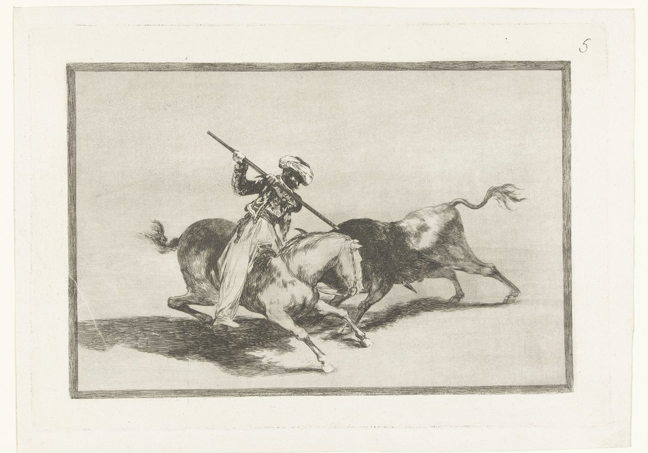 Stierenjacht te paard O espirituoso Moro Gazul é o primeiro a lançar touros para Tourada (título da série) Stierenvechten (título da série) de Francisco de Goya