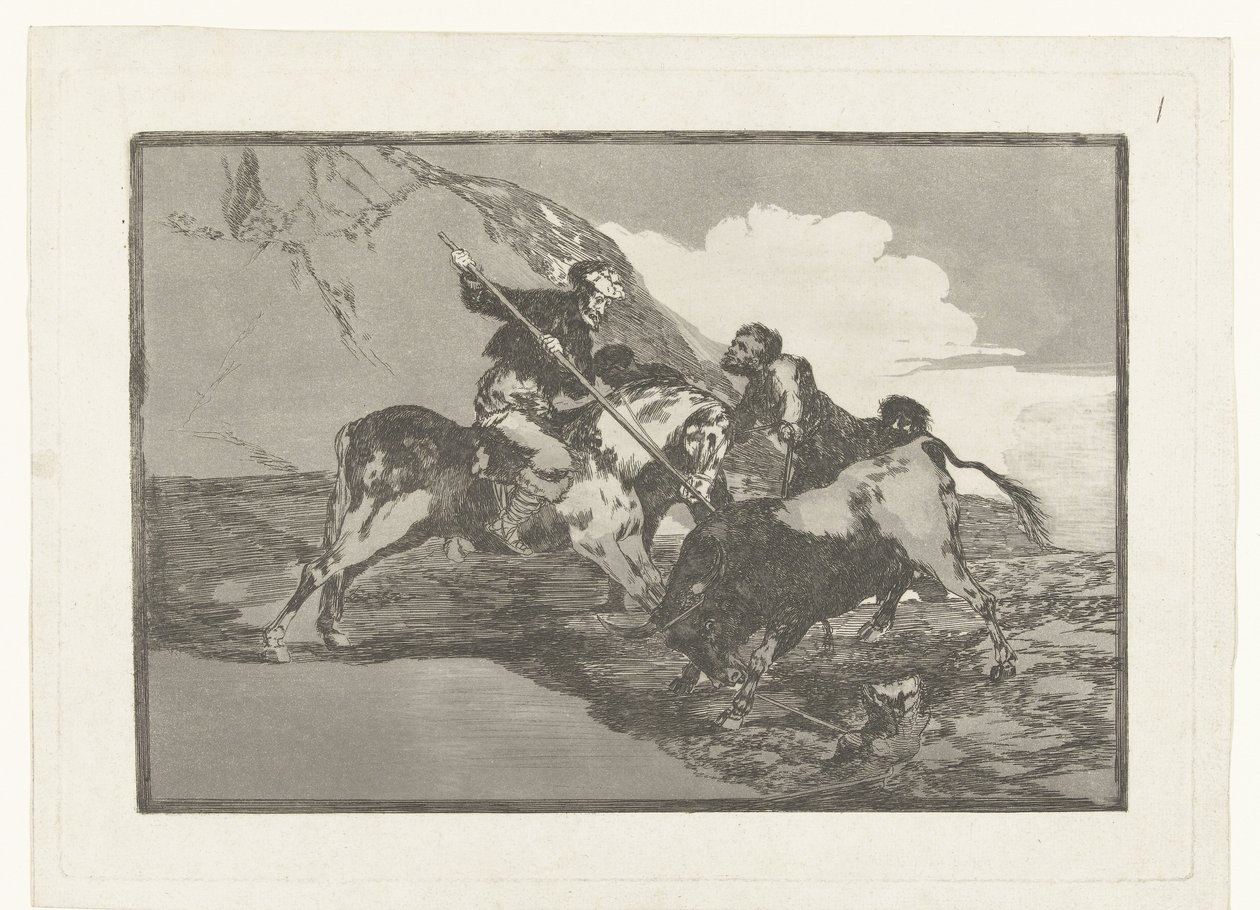 Stierenjacht te paard
Como os antigos espanhóis caçavam os touros a cavalo no campo
Stierenvechten (título da série)
Tourada (título da série) de Francisco de Goya