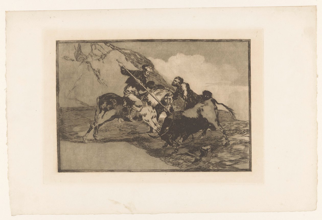 Stierenjacht te paard Como os antigos espanhóis caçavam touros a cavalo nos campos Stierengevechten (título da série) La Taureamachie (título da série) Tourada (título da série) de Francisco de Goya