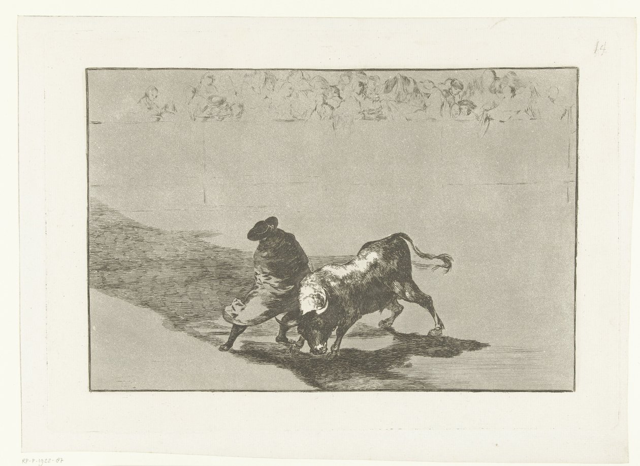 Stierenvechter em uma arena
O estudante muito destreinado de Falces, usando um manto, provoca o touro com os seus "quiebros".
Stierenvechten (título da série)
Tourada (título da série) de Francisco de Goya