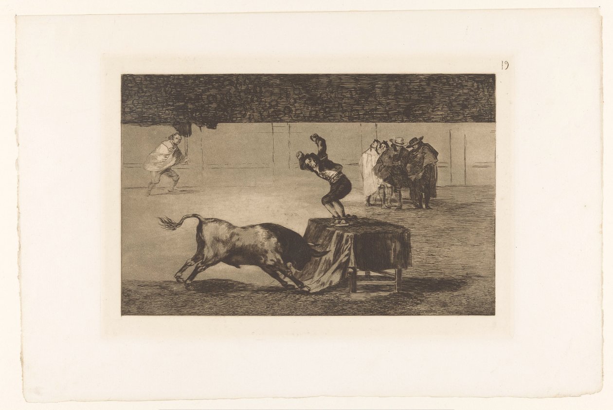 Toureiro em pé sobre uma mesa na arena Otra locura suya e la misma plaza Touradas (título da série) La Taureaumachie (título da série) La Tauromaquia (título da série) de Francisco de Goya