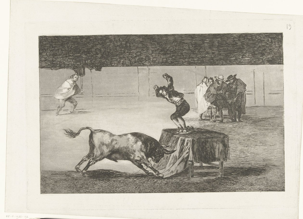 Toureiro de pé sobre uma mesa numa arena
Otra locura suya en la misma plaza
La Tauromaquia (título da série)
Tourada (título da série) de Francisco de Goya