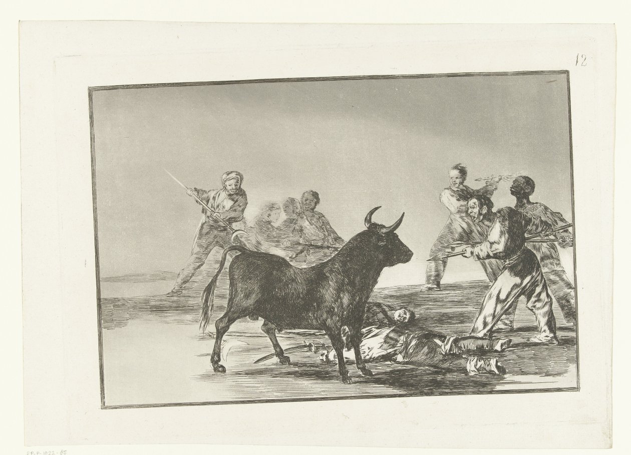 Stierenvechten rondon em stier Brincando com o canalha com lanças. meias-luas, banderillas e outras armas Stierenvechten (título da série) Tourada (título da série) de Francisco de Goya