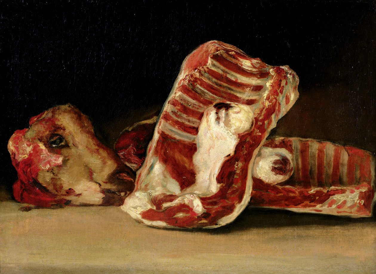 Ainda vida de costelas de ovelhas e cabeça - o contador de açougueiro de Francisco de Goya