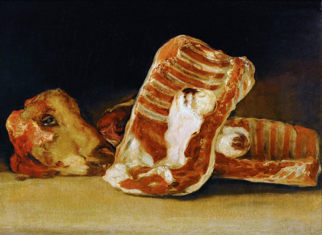 Ainda vida de costelas de carneiro e cabeça os açougueiros contador de Francisco de Goya