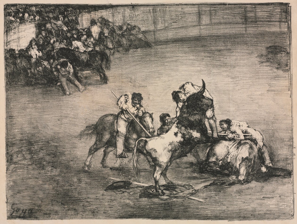 Os touros de Bordeaux: Picador apanhado por um touro, 1825. de Francisco de Goya