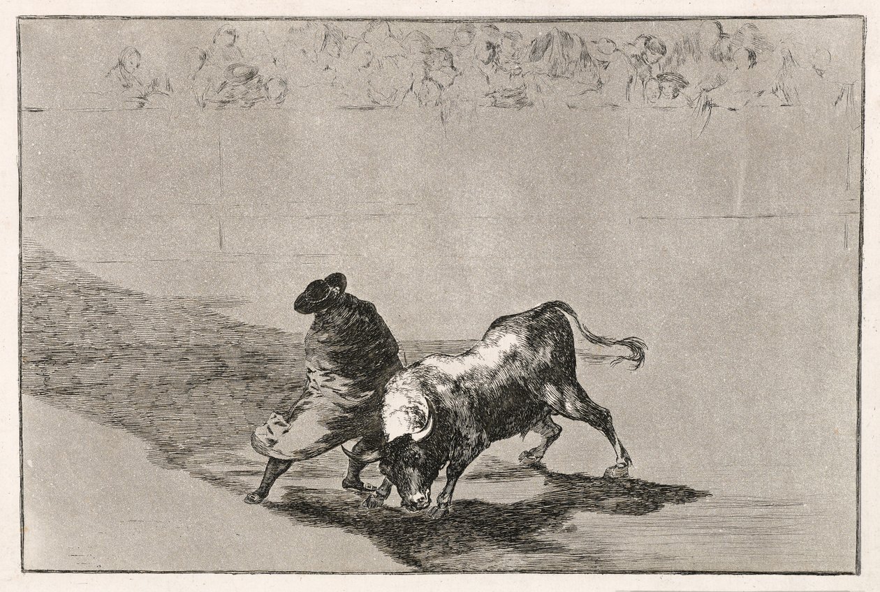 O inteligente estudante de Falces enfurece o touro ao se mover envolto em sua capa, 1814-16 de Francisco de Goya