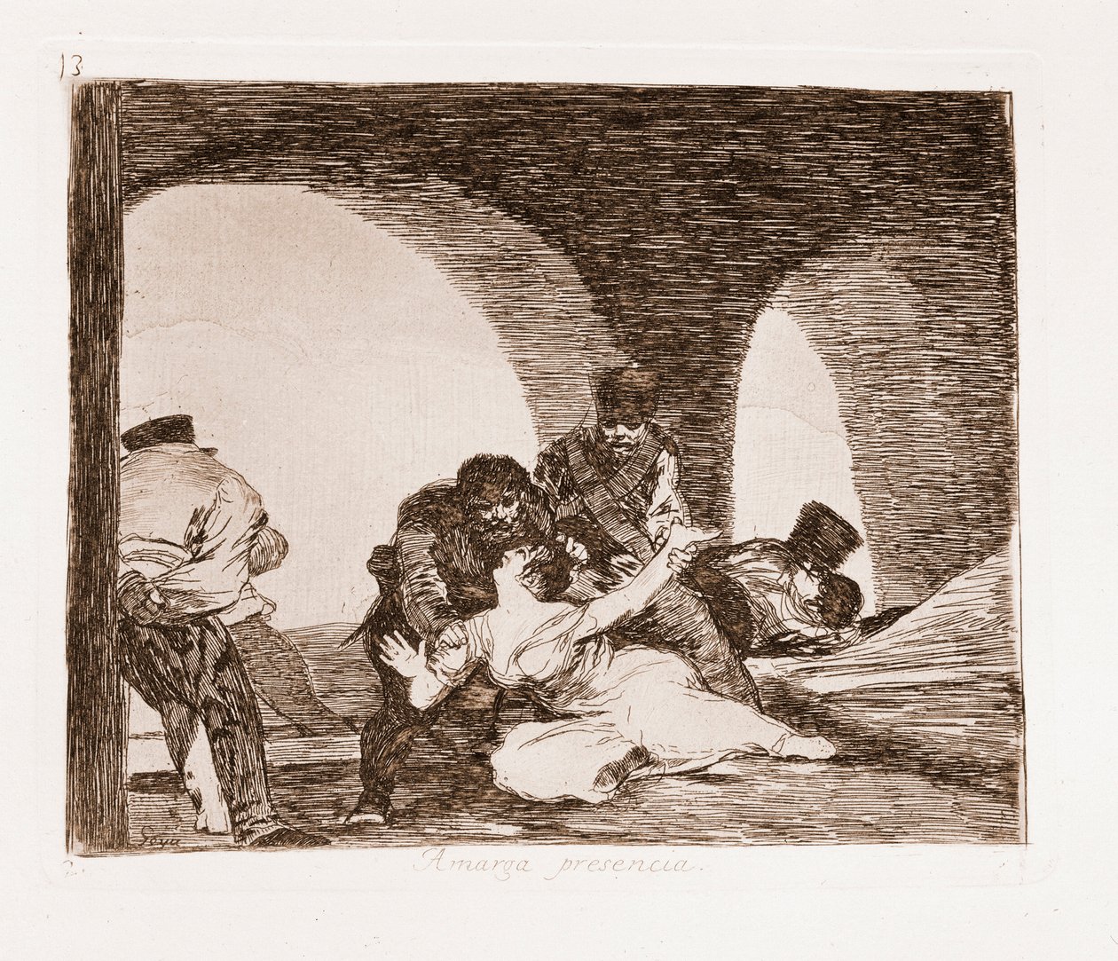 Os Desastres da Guerra : Um homem testemunha do estupro de sua esposa (gravura do desenho preparatório de Francisco de Goya