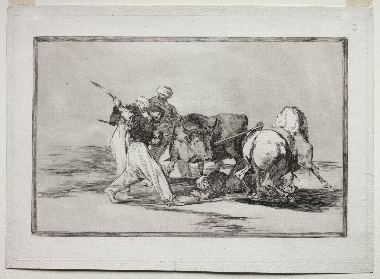 Os mouros se estabeleceram na Espanha, abandonando as superstições do Alcorão, adotaram esta arte de caçar e lançaram um touro ao ar livre de Francisco de Goya