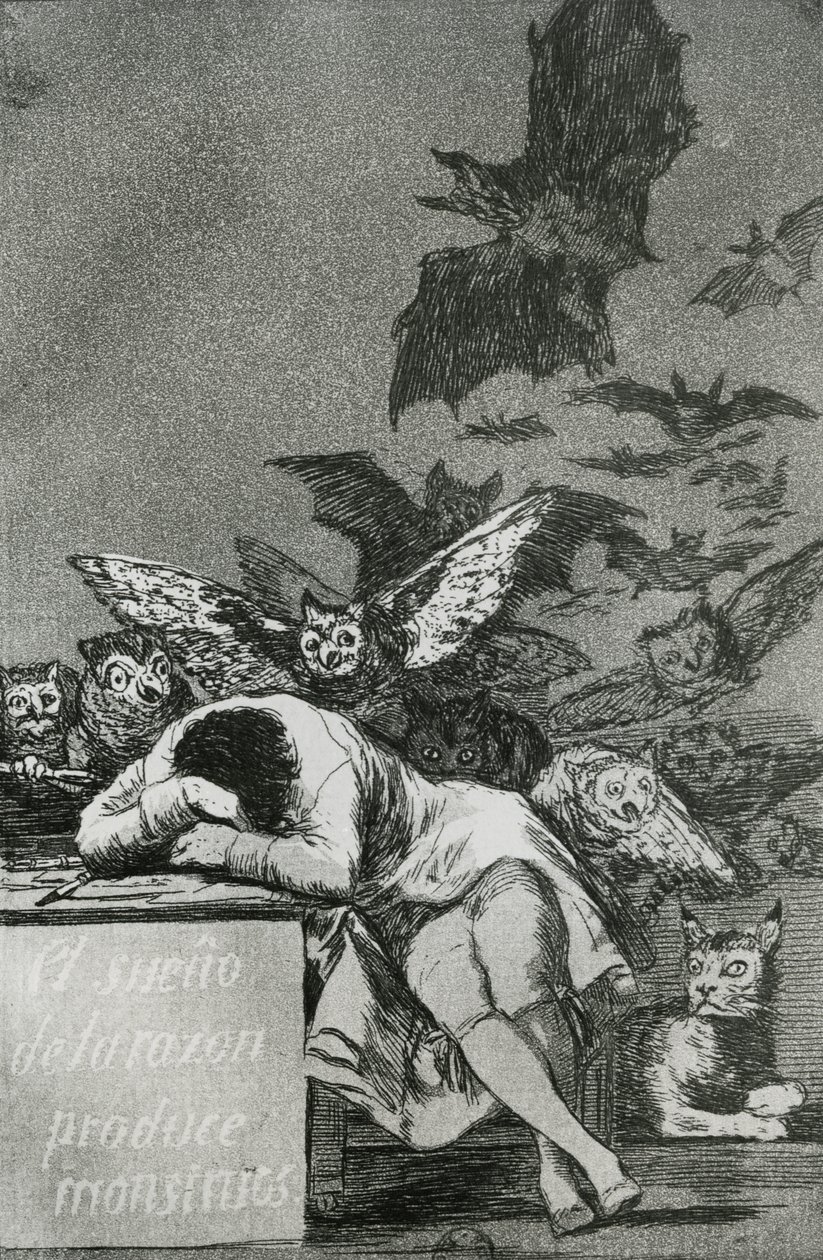 O sono da razão produz monstros, de "Los Caprichos" (gravura) (foto bw) (ver também 81662) de Francisco de Goya