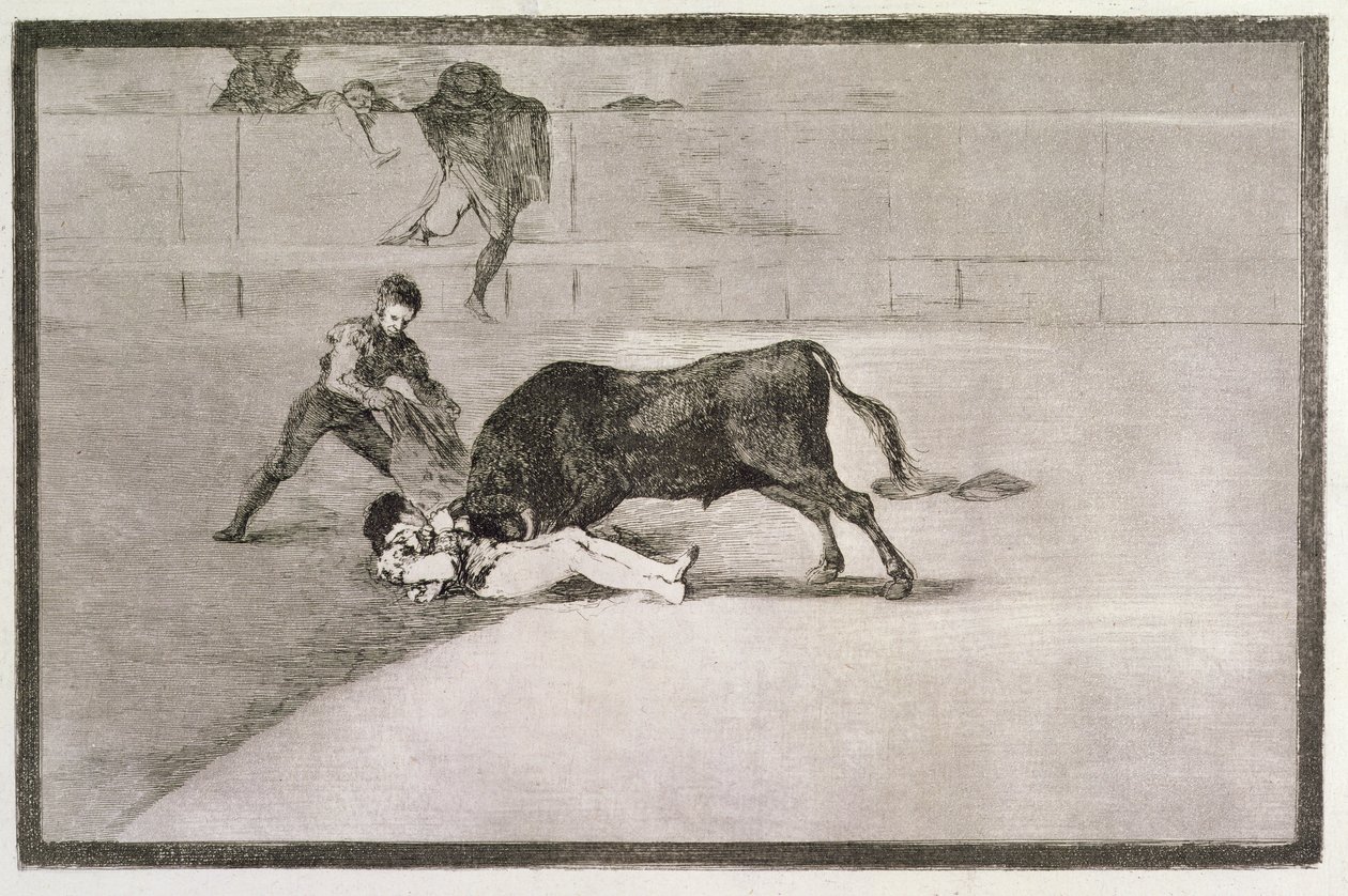 A azarada morte de Pepe Hillo (Jose Delgado) no ringue em Madri no dia 11 de maio de 1801, prato 33 de &39;The Art of Bullfighting&39;, pub. 1816 de Francisco de Goya
