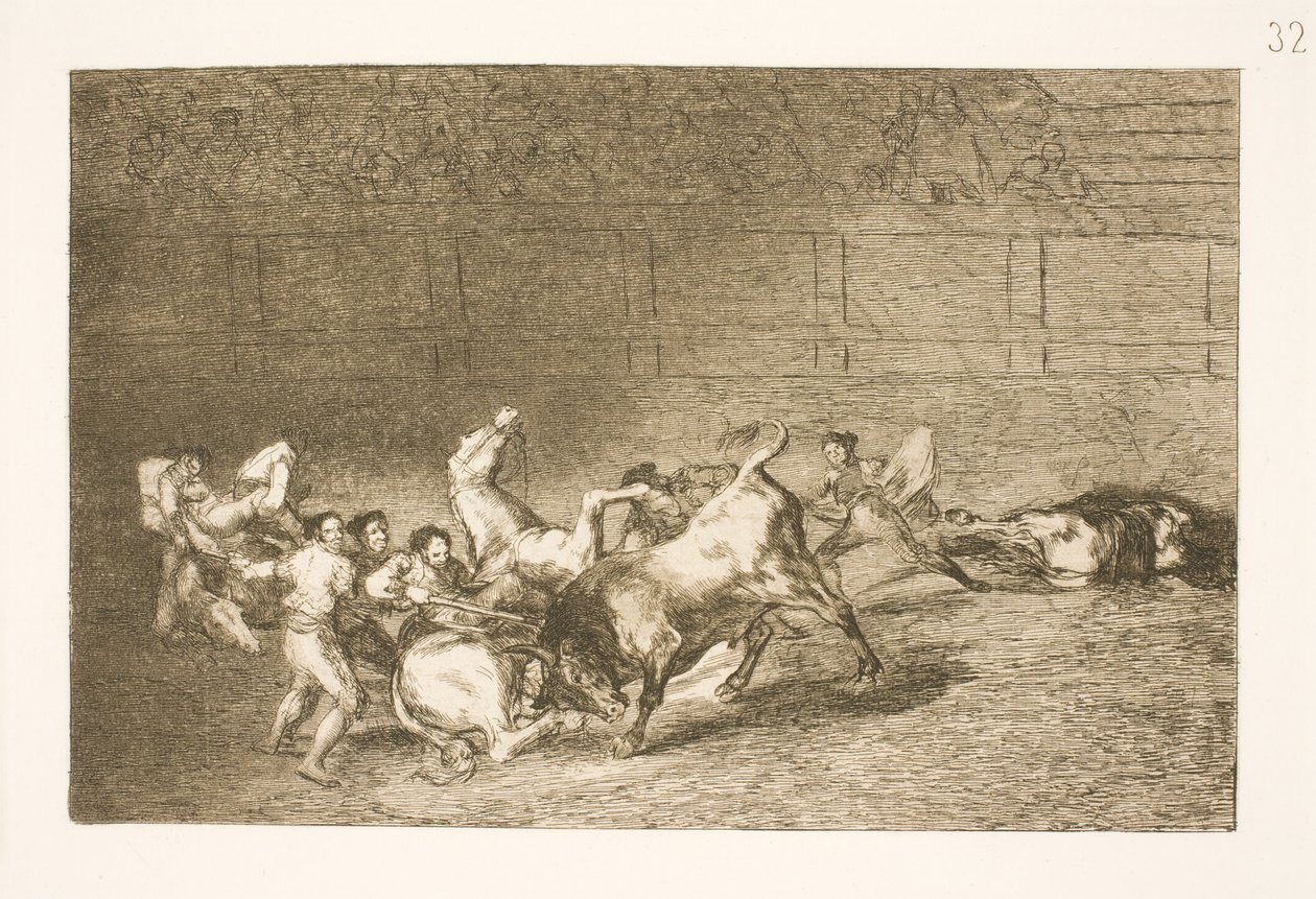 Duas equipes de picadores são derrubados um por um por um único touro de Francisco de Goya