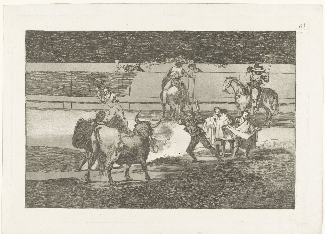 Toureiro conheceu banderillas brandende bandas de fogo Tourada (título da série) Stierenvechten (título da série) de Francisco de Goya