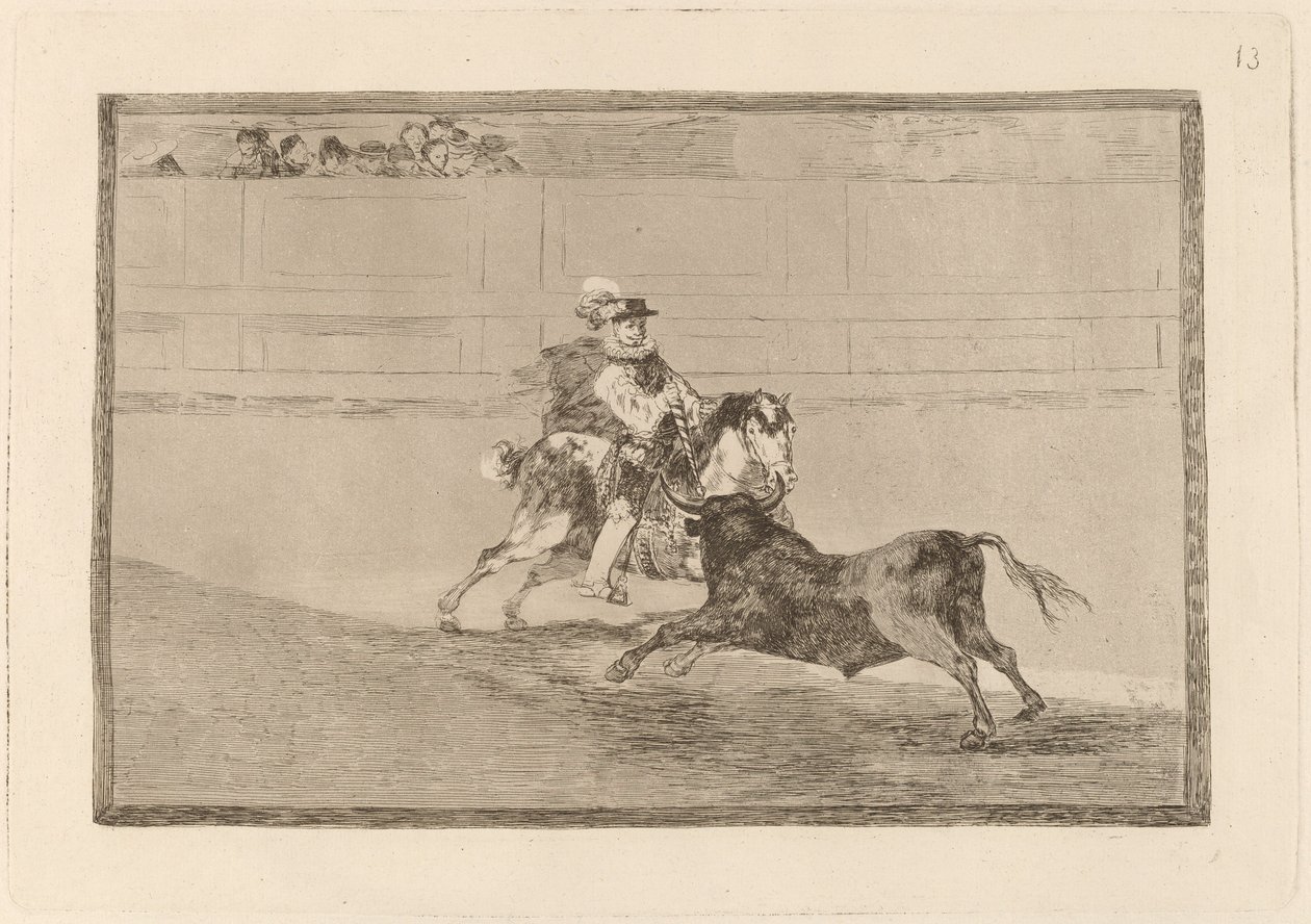 Un caballero espanol en plaza quebrando rejoncillos sin auxilio de los chulos (Um cavaleiro espanhol montado no ringue quebrando lanças curtas sem a ajuda de assistentes) de Francisco de Goya