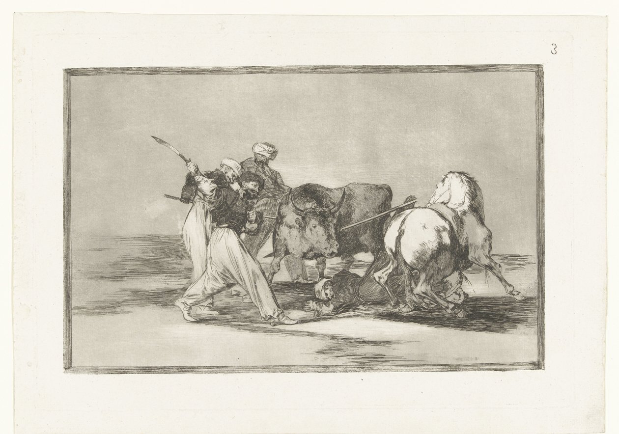 Vier mannen jagen op een stier Os mouros estabelecidos na Espanha, dispensando as superstições de seu Alcorán, adotaram esta caça e arte, e lançam um touro no campo Stierenvechten (título da série) Tourada (título da série) de Francisco de Goya