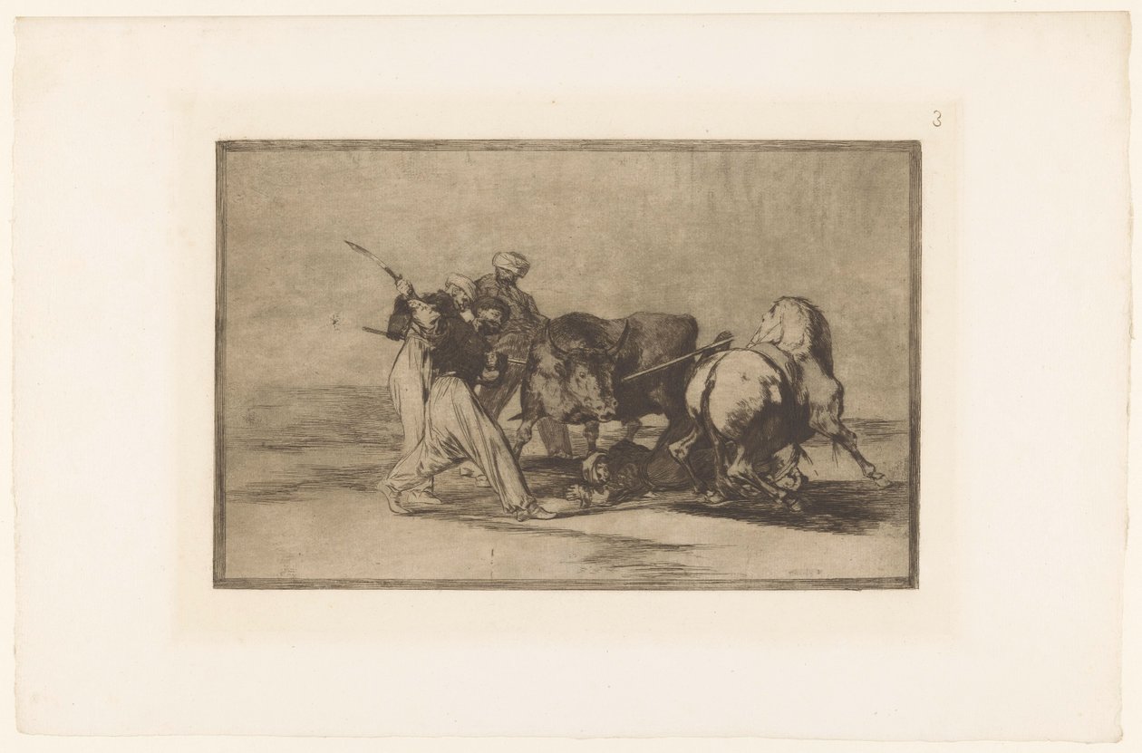 Vier mannen jagen op een stier Os mouros se estabeleceram na Espanha, dispensando as superstições de seus alcorán (...) Stierengevechten (título da série) La Taureamachie (título da série) Tourada (título da série) de Francisco de Goya
