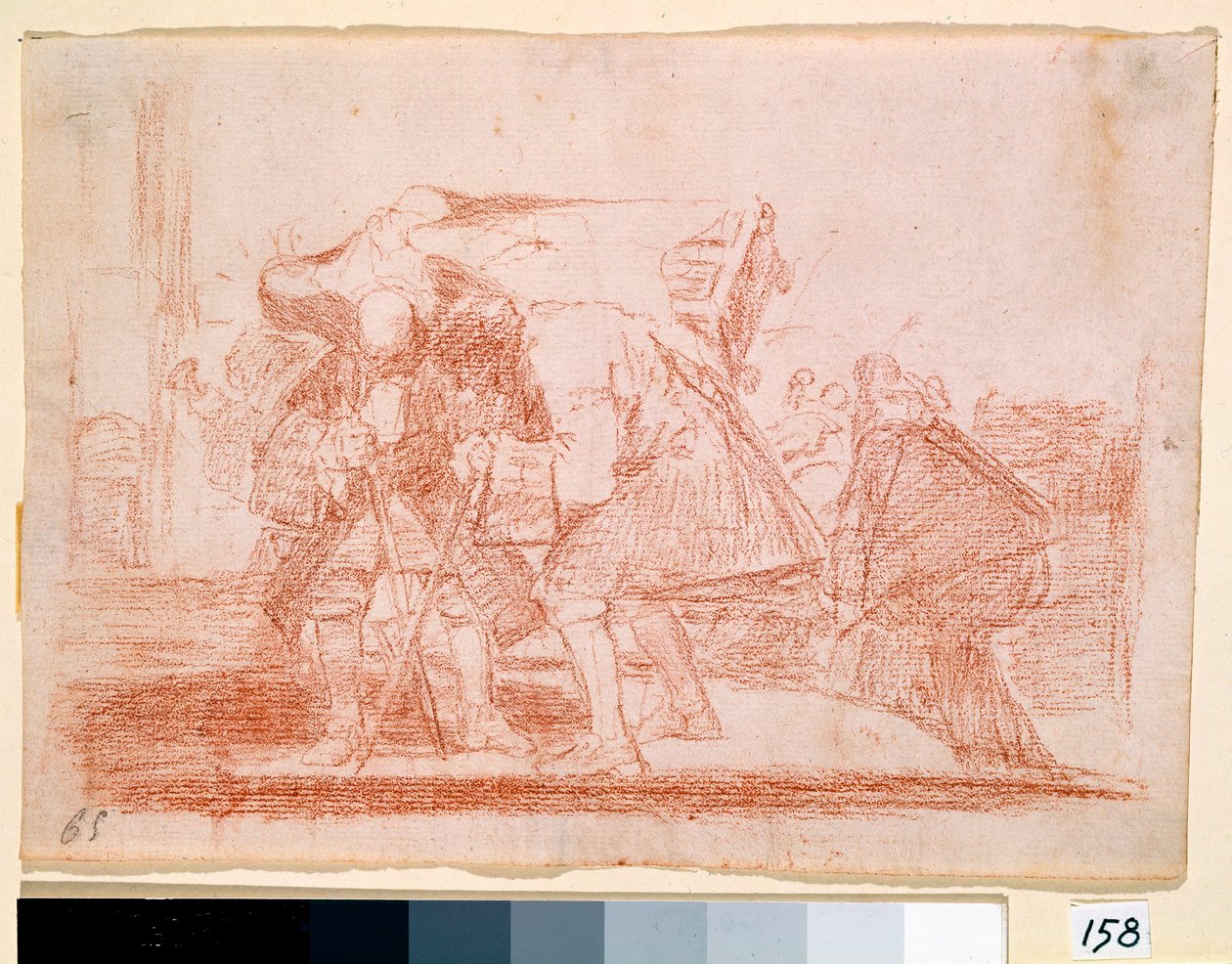 Destres de Guerra: "Isto não é nada menos" Impressão anticlerical sobre o culto dos ícones sagrados. Desenho de preparação em lápis vermelho para gravura por Francisco de Goya y Lucientes (1746-1828). 1810-1812. Madrid. Museu do Prado de Francisco de Goya