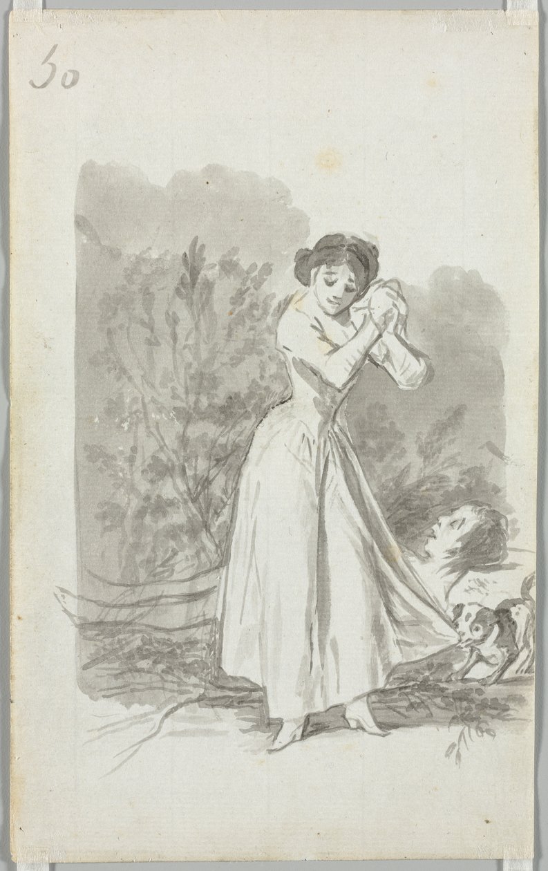 Jovem torcendo as mãos sobre o corpo nu de um homem (verso) de Francisco de Goya