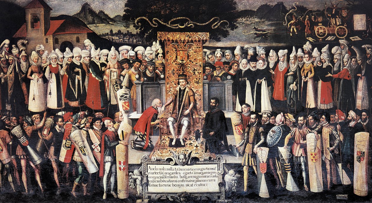 Cerimónia de beijo de mãos (beijo de mãos) após a declaração de privilégios pelo Rei Fernando o Católico (1452-1516). Pintura por Francisco de mendieta Y Retes (século XVI). Espanha, Guernica. Casa de Juntas. de Francisco de Mendieta y Retes