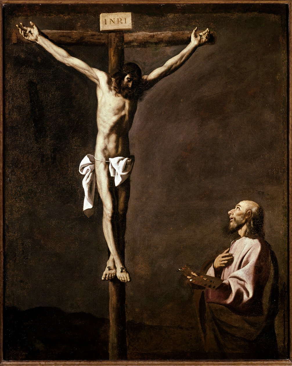 Crucificação e pintor Auto-retrato do artista no papel de São Lucas aos pés da cruz. Pintura de Francisco de Zurbaran (1598-1664) 1635-1640 Dim. 105x84 cm Madrid, Museu do Prado de Francisco de Zurbaran