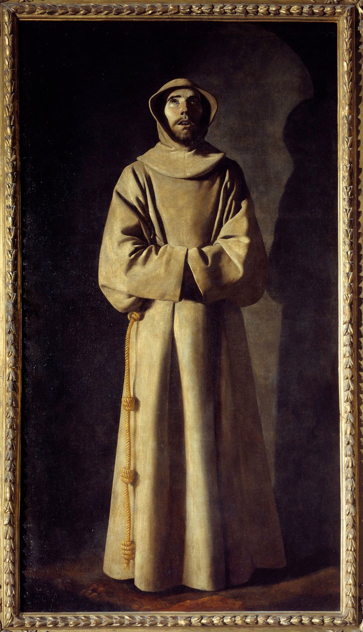 Retrato de São François de Assis: O Santo é representado em êxtase, Ele usa uma batina com, como um cinto, uma corda com nós. Pintura de Francisco de Zurbaran (1598-1664) de Francisco de Zurbaran