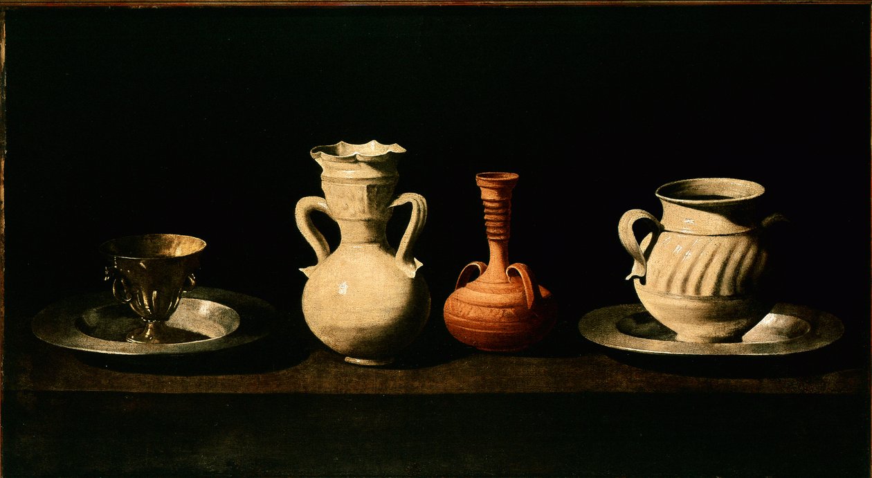 Jarras de Natureza Morta, panelas. Pintura de Francisco de Zurbaran (1598-1664) 1633 Sol. 46x84 cm Madrid, Museu do Prado de Francisco de Zurbaran
