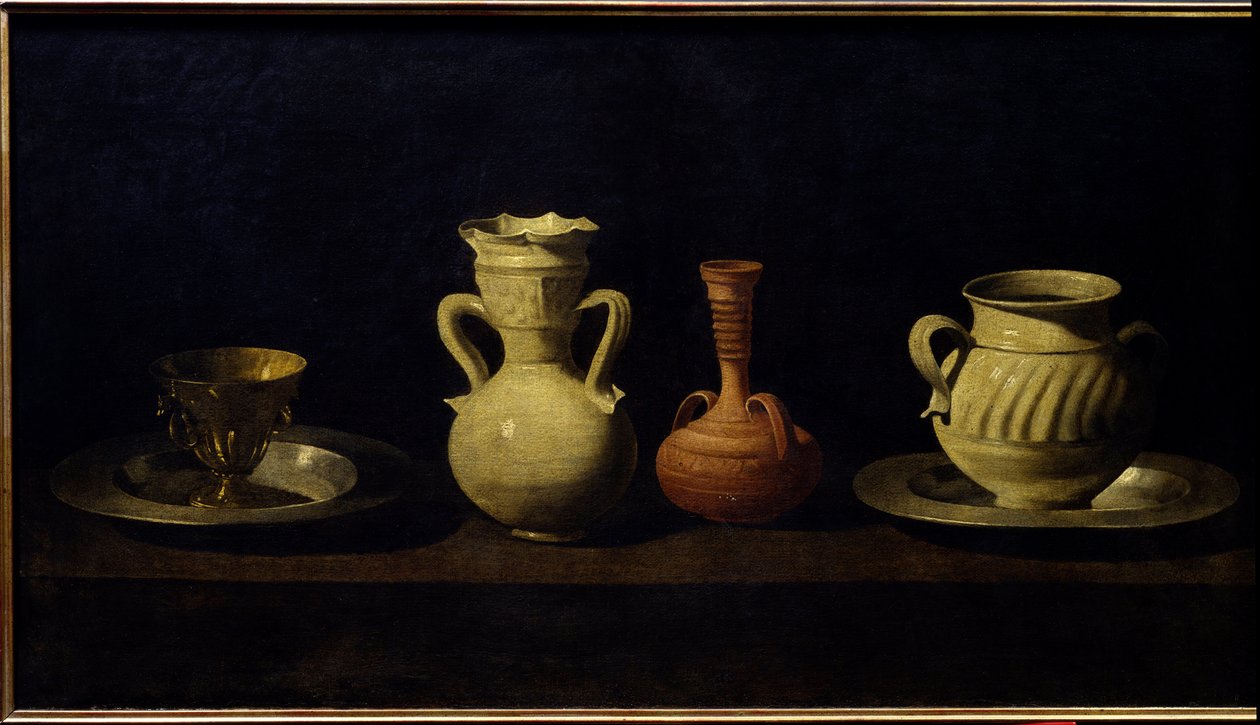 Natureza morta, copos e vasos. Pintura de Francisco de Zurbaran (1598 - 1664) de Francisco de Zurbaran