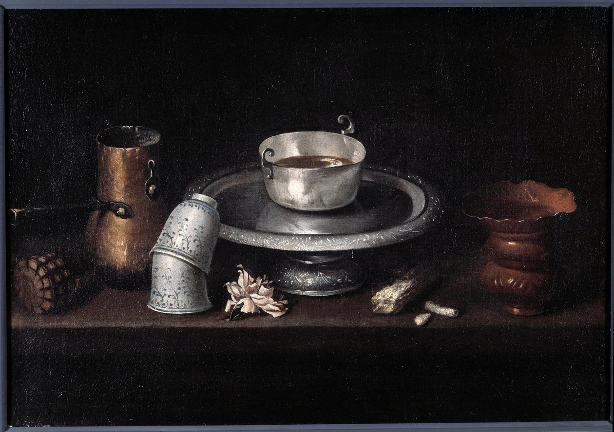 O pequeno-almoço de chocolate da taça de chocolate, chávenas. Pintura de Francisco de Zurbaran (1598-1664). Besancon do século XVII, Museu de Belas Artes de Francisco de Zurbaran