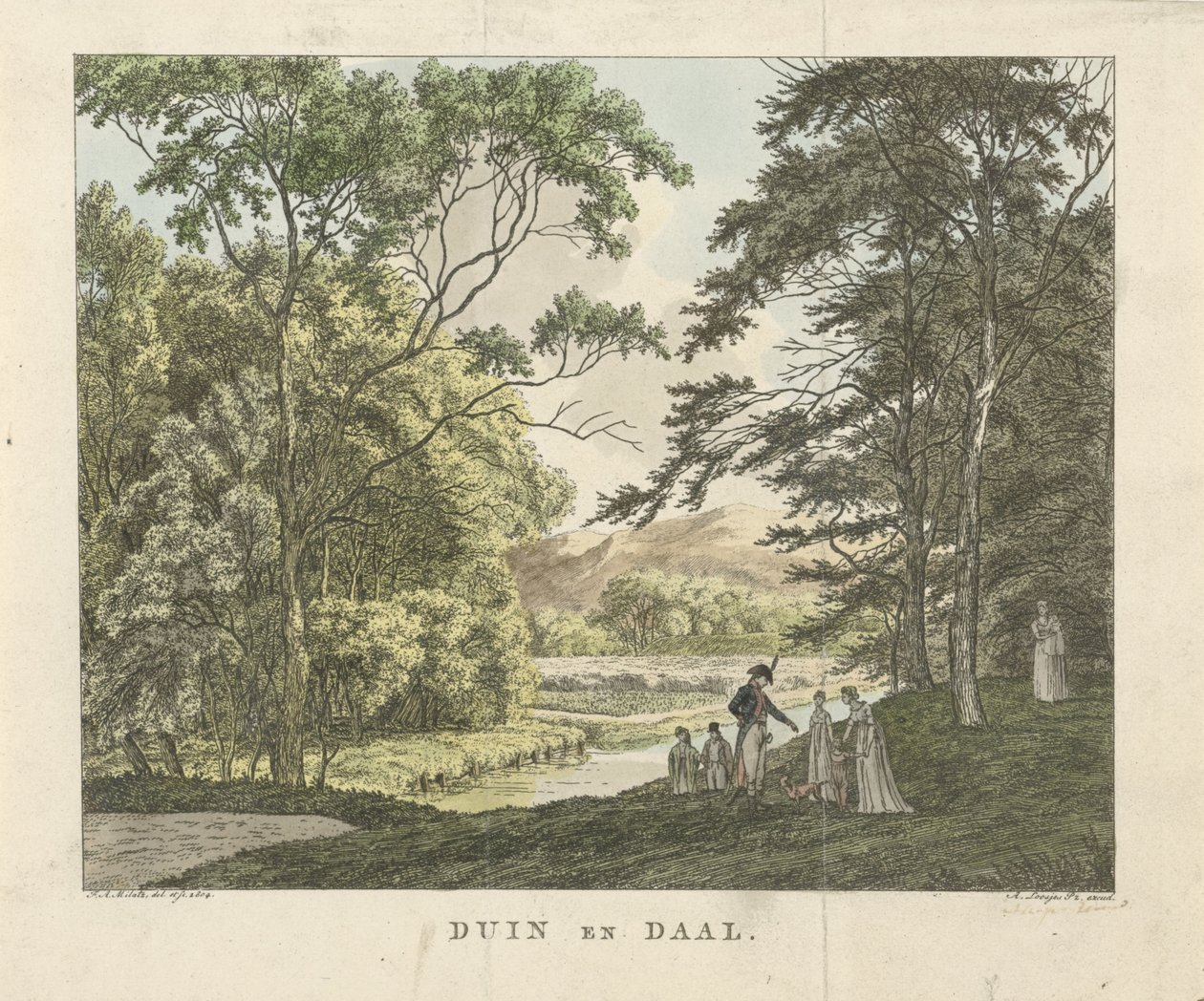 Caminhantes na propriedade rural de Duin en Daal Dune e Daal (título no objeto) de Franciscus Andreas Milatz
